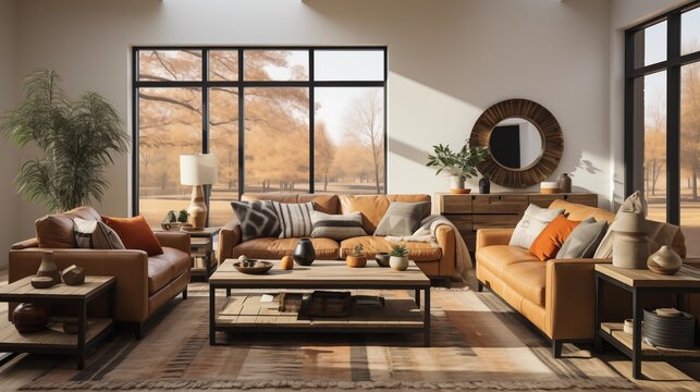 A cozy living room with light tan walls and dark chocolate leather sofas