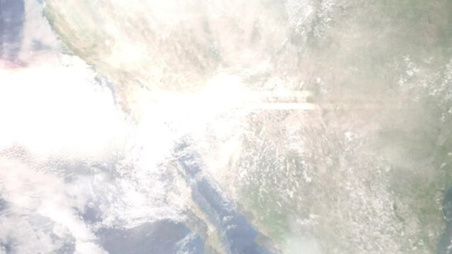 Earth zoom in from space and focus on Nogales, Arizona, USA. 3D Animation. Satellite view. Background for travel intro. Images from NASA