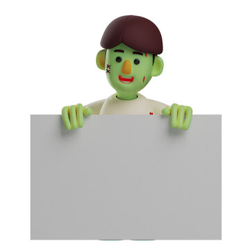   3D illustration. 3D Zombie character cartoon with big whiteboard. showing a smiling face. with a cute hairstyle. 3D Cartoon Character