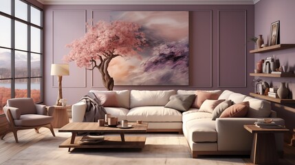 A cozy living room with light mauve walls and dark mulberry accent furniture - obrazy, fototapety, plakaty