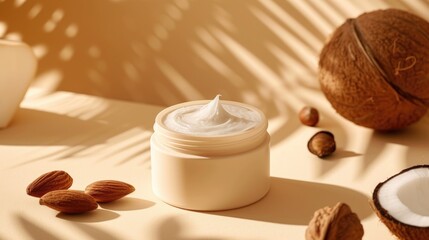 Fototapeta na wymiar Natural Coconut Almond Cream. Luxurious natural moisturizing cream in a brown jar surrounded by fresh coconut and almonds on a beige background. Waterless skincare