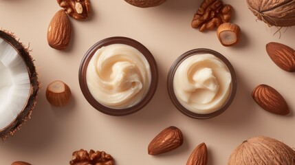 Natural Coconut Almond Cream. Luxurious natural moisturizing cream in a brown jar surrounded by fresh coconut and almonds on a beige background. Waterless skincare