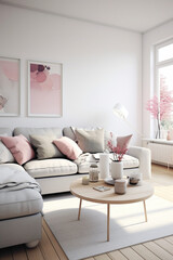 A serene Scandinavian living room with a focus on simplicity, showcasing a blend of whites, grays, and pastel accents.