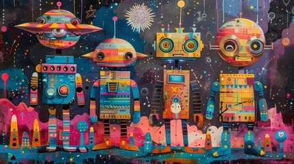 Pop art inspired robots building a sparkling UFO teamwork in a vibrant colorful workshop