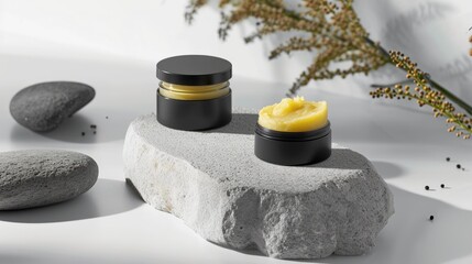 Organic Body Butter with Stones. Jars of rich body butter set among natural stones, creating a serene, earthy aesthetic for holistic wellness