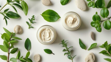 Natural Skincare Creams with Herbal Accents. Flat lay of open jars of skincare cream surrounded by fresh green leaves and white stones, set on a marble surface
