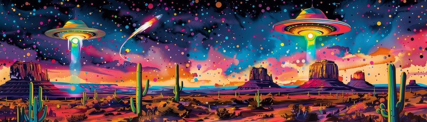 Sparkle embedded UFOs descending on a robot festival captured in bold pop art watercolors