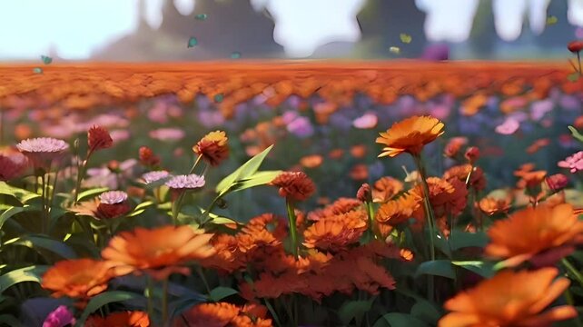 view of orange flowers in flower field, butterflies green, yellow flying, and there are pink flowersseamless time lapse, video