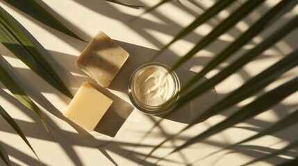 A serene still life featuring artisanal soap bars and a scrub in a jar, highlighted by the play of palm leaf shadows and natural light. Waterless cream skin care, organic beauty, bare beauty