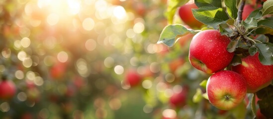 Obraz premium A cluster of ripe red apples, a type of seedless fruit, dangle from a tree. These natural foods provide a healthy and delicious snack straight from the plant
