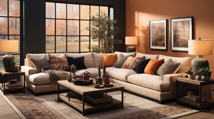 A cozy living room with light honey walls and espresso accent furniture