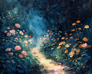 A dreamy watercolor garden where flowers emit soft light illuminating a starry path - obrazy, fototapety, plakaty