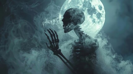 A ghostly figure shrouded in mist holding a smoking skeleton hand under a full moon