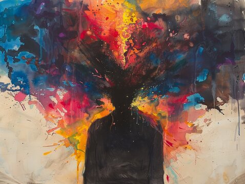 Watercolor of a figure enveloped in darkness with a psychedelic explosion of color emerging from the heart depicting inner struggle