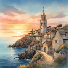 a coastal village scene at sunset, with a small chapel overlooking the sea, its spire glowing in the warm evening light - obrazy, fototapety, plakaty