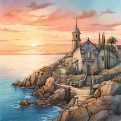 a coastal village scene at sunset, with a small chapel overlooking the sea, its spire glowing in the warm evening light - obrazy, fototapety, plakaty