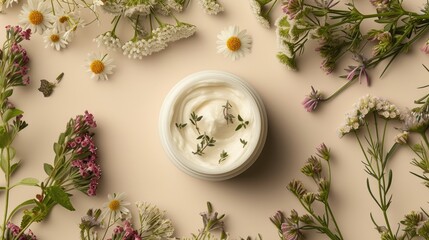 Fototapeta na wymiar Natural organic cosmetics skincare. Herbal cosmetics cream. Cream open jar 