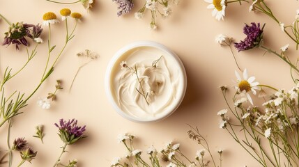 Fototapeta na wymiar Waterless or water-free beauty, beauty products without water with active ingredients or botanical oils. Cosmetic open jar with thick butter texture cream. Sustainability, organic waterless beauty