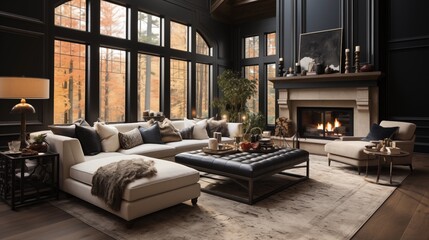 A cozy living room with soft dove walls and dark velvet accent furniture