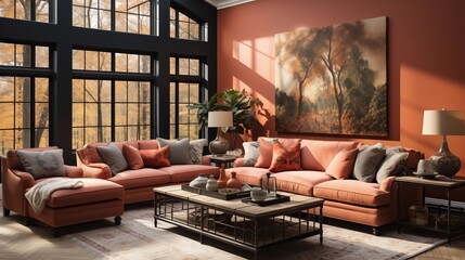 A cozy living room with soft coral walls and dark rust accent furniture