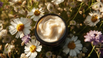 Fototapeta na wymiar Top view of jar cosmetic waterless cream skincare with thick texture. Waterless self care, chemical free, organic sustainable cosmetic, water-free or anhydrous beauty