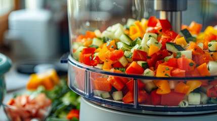 Vibrant and colorful diced vegetables being prepared in the food processor for a fresh and healthy...