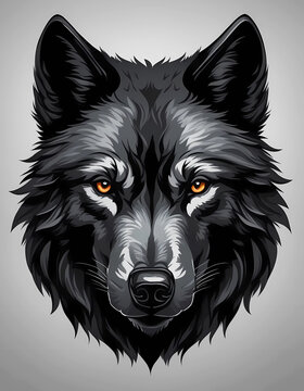 Black wolf head isolated on a gray background. Print for t-shirt, animals and nature