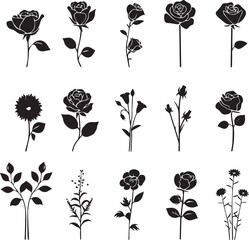 Beautiful Flowers icon set black silhouettes