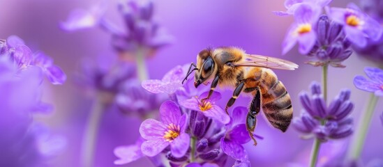 A honeybee, a purple insect and pollinator, is perched on a violet flower, sucking nectar for honey production