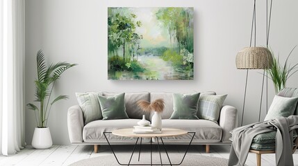 abstract oil painting of a forest landscape in spring, in the style of farmhouse wall art, subtle calmful color palette - obrazy, fototapety, plakaty