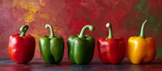 Vibrant trio of red, green, and yellow peppers on a rustic wooden table
