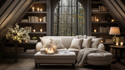 A cozy reading nook with ethereal ivory built-in bookshelves and a mystical midnight reading chair - obrazy, fototapety, plakaty