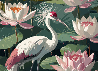 Abstract illustration of a white red-headed crane on a background of pink and cream lotuses. Seamless vector floral pattern. Simple square repeating design for fabric and wallpaper