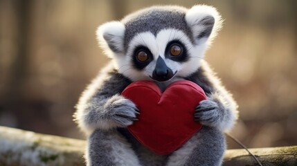 Fototapeta premium Cute lemur toy with red heart, Valentine's day.