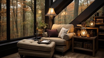 A cozy reading nook with light tan built-in bookshelves and a dark chocolate reading chair - obrazy, fototapety, plakaty