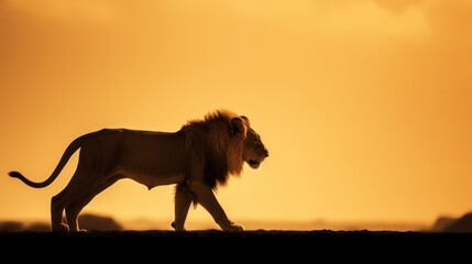 Silhouette of lion on sunset sky.