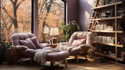 A cozy reading nook with light mauve built-in bookshelves and a dark mulberry reading chair - obrazy, fototapety, plakaty