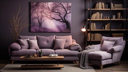 A cozy reading nook with light mauve built-in bookshelves and a dark mulberry reading chair - obrazy, fototapety, plakaty