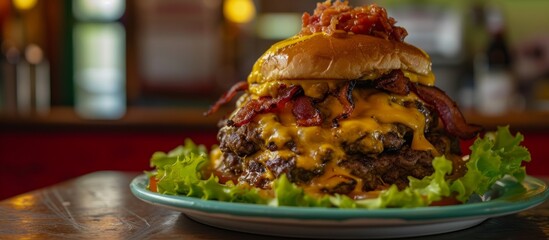 Delicious hamburger topped with melted cheese and crispy bacon on a white plate