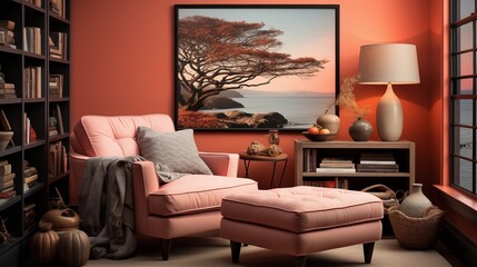 A cozy reading nook with light salmon built-in bookshelves and a mahogany reading chair