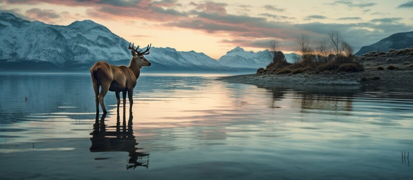 deer over shallow lake mountains background late afternoon
