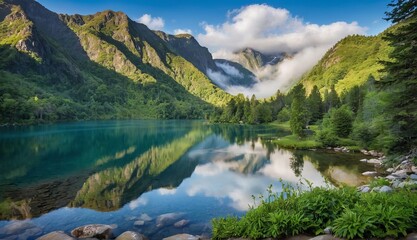 Naklejka na ściany i meble Majestic mountain peaks rise above a misty, turquoise lake surrounded by verdant forests. Generative AI.