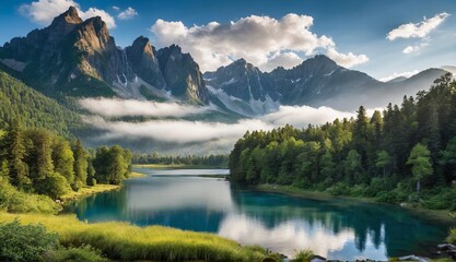 Majestic mountain peaks rise above a misty, turquoise lake surrounded by verdant forests....