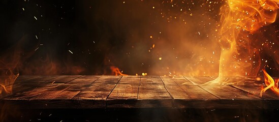 empty wooden table and burning fire on black background