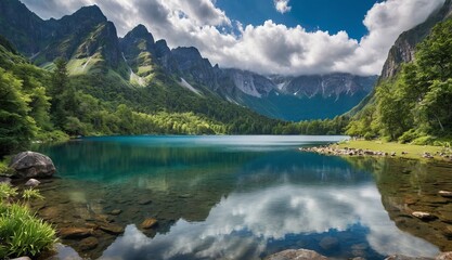 Majestic mountain peaks rise above a misty, turquoise lake surrounded by verdant forests....