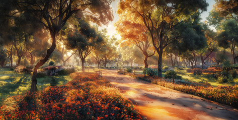 Sunset in the autumn park, 3d rendering. Computer digital drawing.