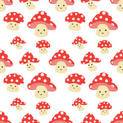 Mushroom Cartoon Seamless Pattern in Nature: Vector Illustration of Cute Autumn Design, Toadstool Decoration, Summer Forest Fungus, Red Mushrooms, Grass Texture, Agaric Fruit, Colorful Art