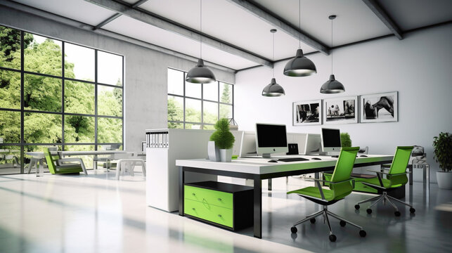 A simple and sleek office space with white walls, sleek gray desks, and pops of vibrant green in the decor.