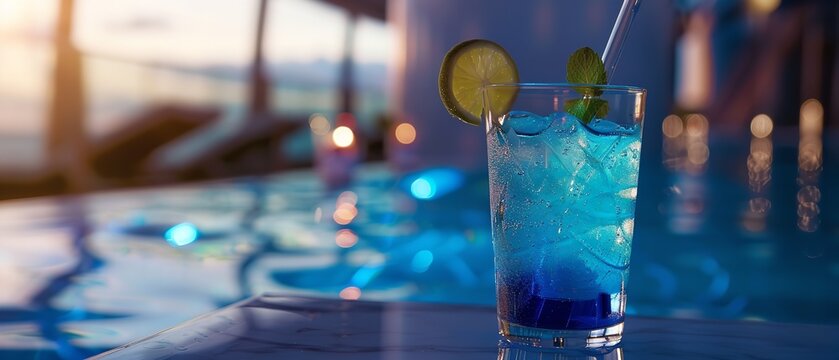 Close up of cocktail glass with ice cubes in blue color in a clean surface near pool with space, Generative AI.