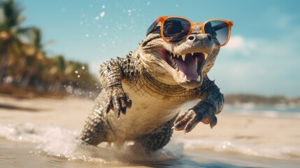 Experience the intensity of an crocodile leaping onto the beach in a stunning close-up photo, Ai...